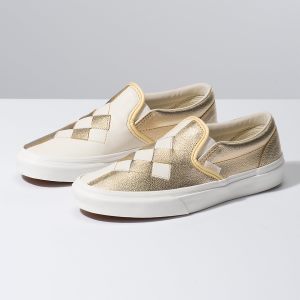 Vans Bayan Kaykay Ayakkabısı Woven Leather Slip-On Altın/Beyaz | 99756-310